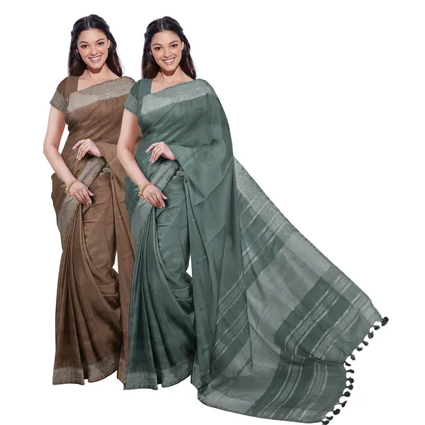 Brown_&_Hookers'_Green_women's_Bhagalpuri_Handloom_Cotton-Linen_Blend_Saree_Combo_(Pack_Of_2)_With_Running_Unstiched_Blouse_Piece