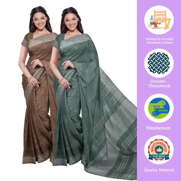 Brown_&_Hookers'_Green_women's_Bhagalpuri_Handloom_Cotton-Linen_Blend_Saree_Combo_(Pack_Of_2)_With_Running_Unstiched_Blouse_Piece