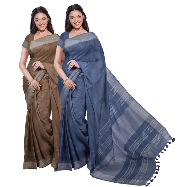 Brown_&_Lake_Blue_women's_Bhagalpuri_Handloom_Cotton-Linen_Blend_Saree_Combo_(Pack_Of_2)_With_Running_Unstiched_Blouse_Piece