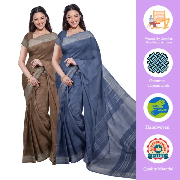 Brown_&_Lake_Blue_women's_Bhagalpuri_Handloom_Cotton-Linen_Blend_Saree_Combo_(Pack_Of_2)_With_Running_Unstiched_Blouse_Piece