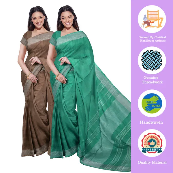 Brown_&_Mint_Green_women's_Bhagalpuri_Handloom_Cotton-Linen_Blend_Saree_Combo_(Pack_Of_2)_With_Running_Unstiched_Blouse_Piece
