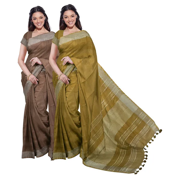 Brown_&_Olive_Green_women's_Bhagalpuri_Handloom_Cotton-Linen_Blend_Saree_Combo_(Pack_Of_2)_With_Running_Unstiched_Blouse_Piece