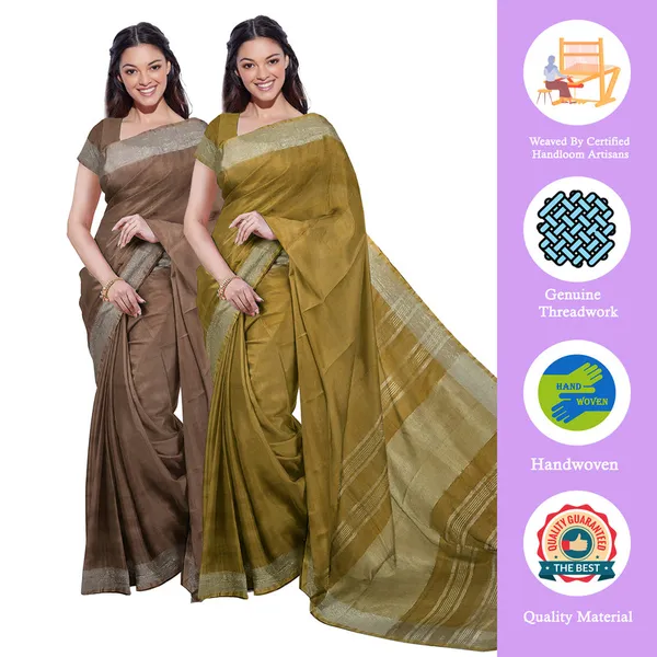 Brown_&_Olive_Green_women's_Bhagalpuri_Handloom_Cotton-Linen_Blend_Saree_Combo_(Pack_Of_2)_With_Running_Unstiched_Blouse_Piece