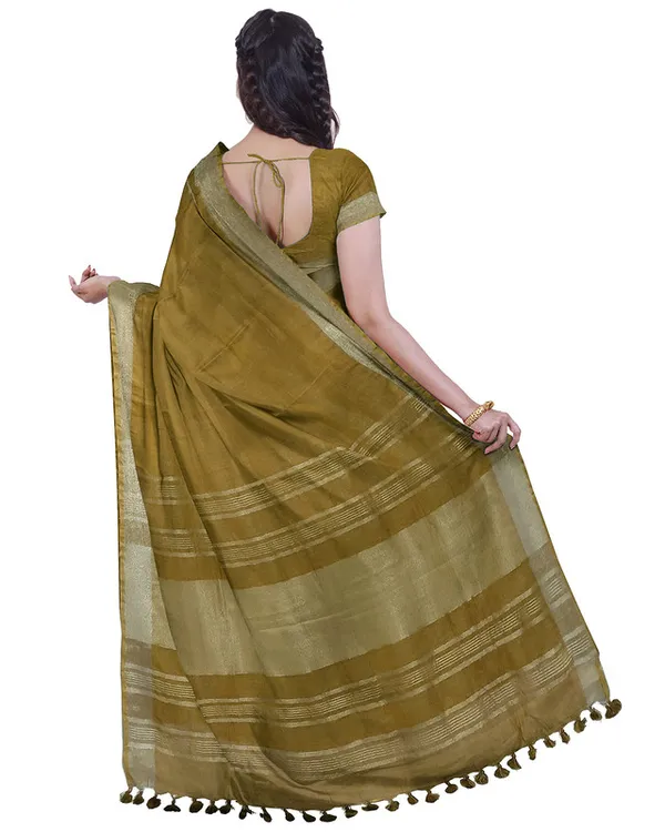 Brown_&_Olive_Green_women's_Bhagalpuri_Handloom_Cotton-Linen_Blend_Saree_Combo_(Pack_Of_2)_With_Running_Unstiched_Blouse_Piece