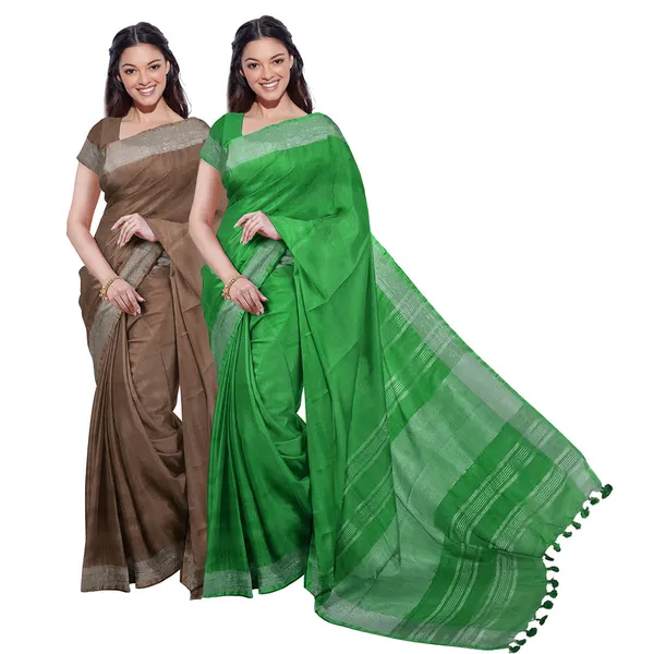 Brown_&_Pigment_Green_women's_Bhagalpuri_Handloom_Cotton-Linen_Blend_Saree_Combo_(Pack_Of_2)_With_Running_Unstiched_Blouse_Piece