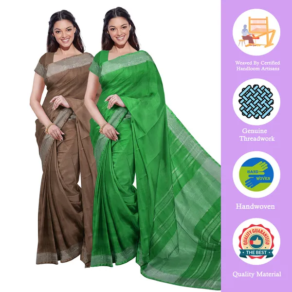 Brown_&_Pigment_Green_women's_Bhagalpuri_Handloom_Cotton-Linen_Blend_Saree_Combo_(Pack_Of_2)_With_Running_Unstiched_Blouse_Piece