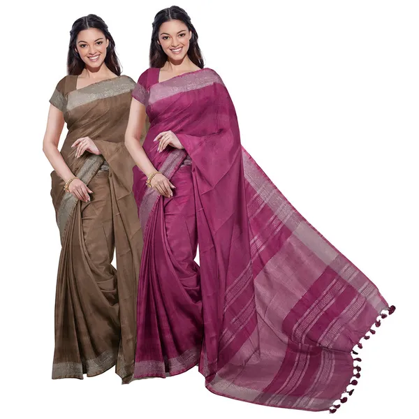 Brown_&_Raspberry_Pink_women's_Bhagalpuri_Handloom_Cotton-Linen_Blend_Saree_Combo_(Pack_Of_2)_With_Running_Unstiched_Blouse_Piece