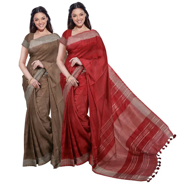 Brown_&_Red_women's_Bhagalpuri_Handloom_Cotton-Linen_Blend_Saree_Combo_(Pack_Of_2)_With_Running_Unstiched_Blouse_Piece
