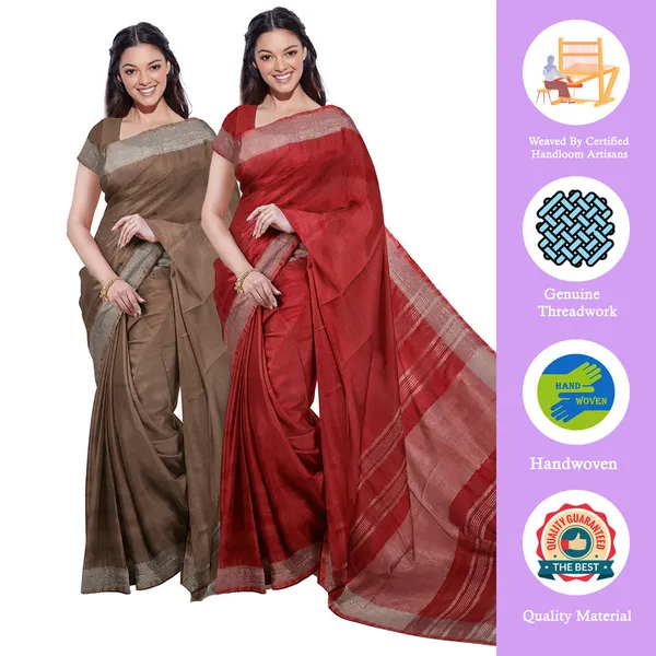 Brown_&_Red_women's_Bhagalpuri_Handloom_Cotton-Linen_Blend_Saree_Combo_(Pack_Of_2)_With_Running_Unstiched_Blouse_Piece