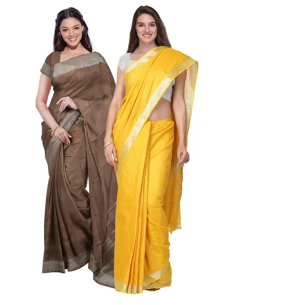 Brown_&_Yellow_women's_Bhagalpuri_Handloom_Cotton-Linen_Blend_Saree_Combo_(Pack_Of_2)_With_Running_Unstiched_Blouse_Piece