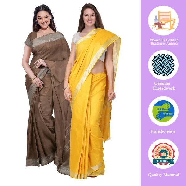 Brown_&_Yellow_women's_Bhagalpuri_Handloom_Cotton-Linen_Blend_Saree_Combo_(Pack_Of_2)_With_Running_Unstiched_Blouse_Piece
