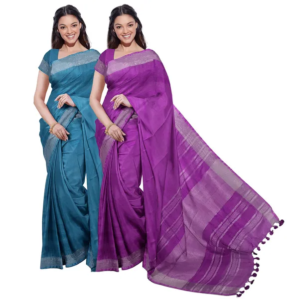 Cerulean_Blue_&_Electric_Purple_women's_Bhagalpuri_Handloom_Cotton-Linen_Blend_Saree_Combo_(Pack_Of_2)_With_Running_Unstiched_Blouse_Piece