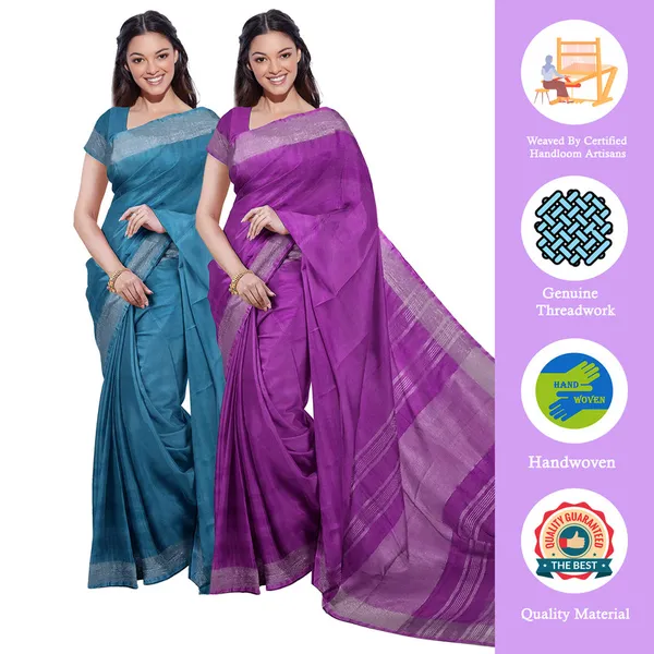 Cerulean_Blue_&_Electric_Purple_women's_Bhagalpuri_Handloom_Cotton-Linen_Blend_Saree_Combo_(Pack_Of_2)_With_Running_Unstiched_Blouse_Piece