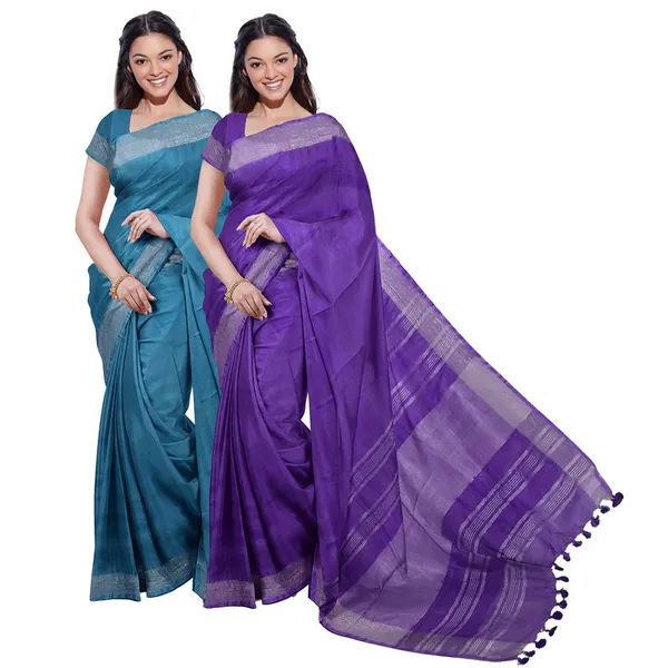 Cerulean_Blue_&_French_Violet_women's_Bhagalpuri_Handloom_Cotton-Linen_Blend_Saree_Combo_(Pack_Of_2)_With_Running_Unstiched_Blouse_Piece
