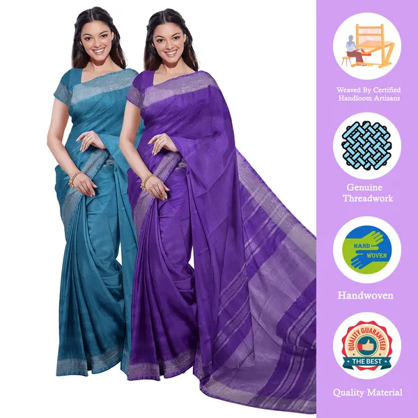 Cerulean_Blue_&_French_Violet_women's_Bhagalpuri_Handloom_Cotton-Linen_Blend_Saree_Combo_(Pack_Of_2)_With_Running_Unstiched_Blouse_Piece