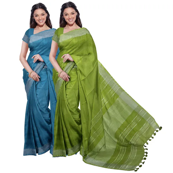 Cerulean_Blue_&_Green_women's_Bhagalpuri_Handloom_Cotton-Linen_Blend_Saree_Combo_(Pack_Of_2)_With_Running_Unstiched_Blouse_Piece