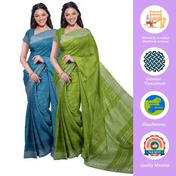 Cerulean_Blue_&_Green_women's_Bhagalpuri_Handloom_Cotton-Linen_Blend_Saree_Combo_(Pack_Of_2)_With_Running_Unstiched_Blouse_Piece
