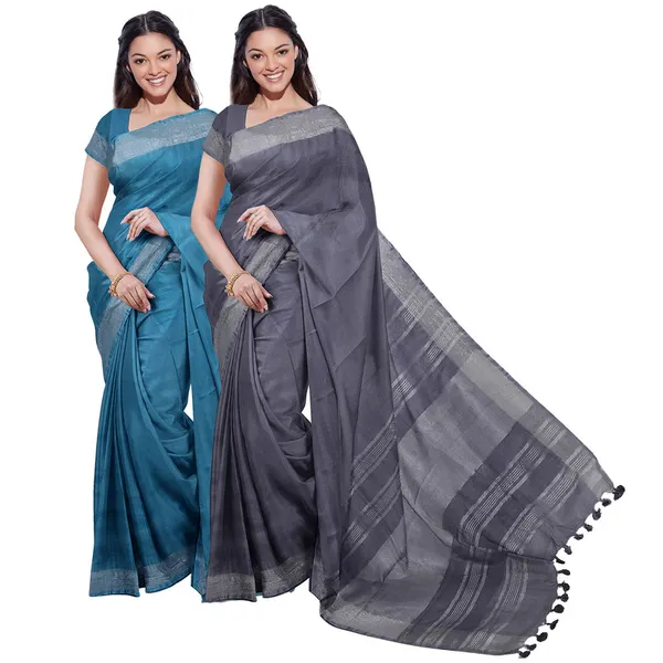 Cerulean_Blue_&_Grey_women's_Bhagalpuri_Handloom_Cotton-Linen_Blend_Saree_Combo_(Pack_Of_2)_With_Running_Unstiched_Blouse_Piece