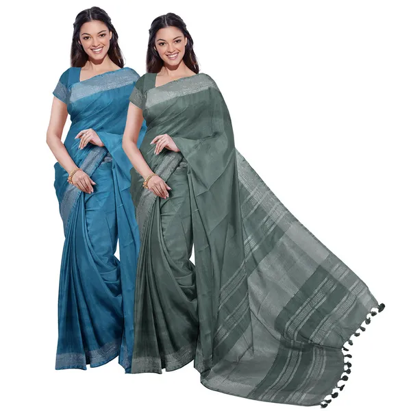 Cerulean_Blue_&_Hookers'_Green_women's_Bhagalpuri_Handloom_Cotton-Linen_Blend_Saree_Combo_(Pack_Of_2)_With_Running_Unstiched_Blouse_Piece