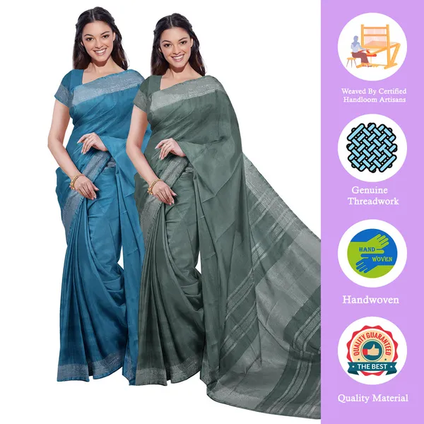 Cerulean_Blue_&_Hookers'_Green_women's_Bhagalpuri_Handloom_Cotton-Linen_Blend_Saree_Combo_(Pack_Of_2)_With_Running_Unstiched_Blouse_Piece