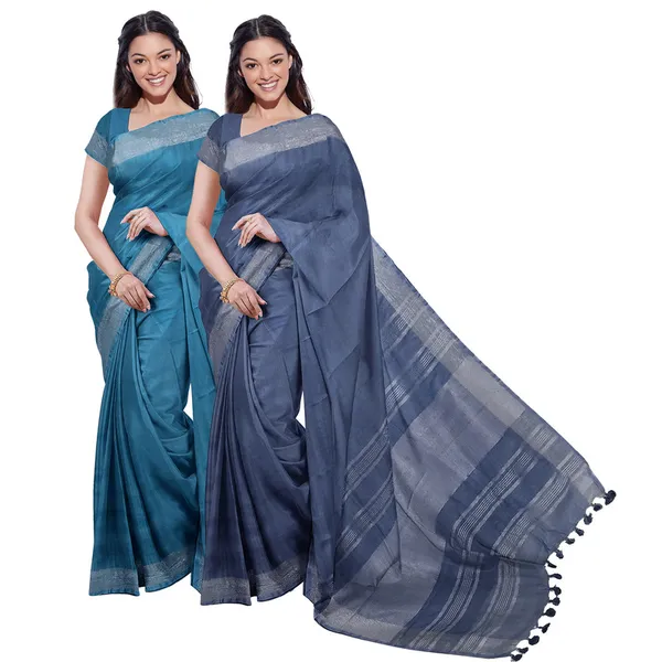 Cerulean_Blue_&_Lake_Blue_women's_Bhagalpuri_Handloom_Cotton-Linen_Blend_Saree_Combo_(Pack_Of_2)_With_Running_Unstiched_Blouse_Piece