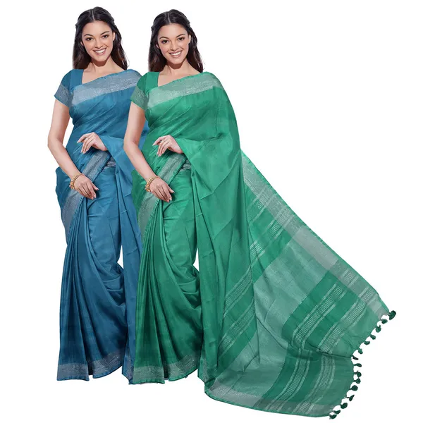 Cerulean_Blue_&_Mint_Green_women's_Bhagalpuri_Handloom_Cotton-Linen_Blend_Saree_Combo_(Pack_Of_2)_With_Running_Unstiched_Blouse_Piece