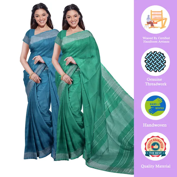 Cerulean_Blue_&_Mint_Green_women's_Bhagalpuri_Handloom_Cotton-Linen_Blend_Saree_Combo_(Pack_Of_2)_With_Running_Unstiched_Blouse_Piece