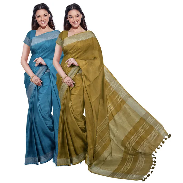Cerulean_Blue_&_Olive_Green_women's_Bhagalpuri_Handloom_Cotton-Linen_Blend_Saree_Combo_(Pack_Of_2)_With_Running_Unstiched_Blouse_Piece