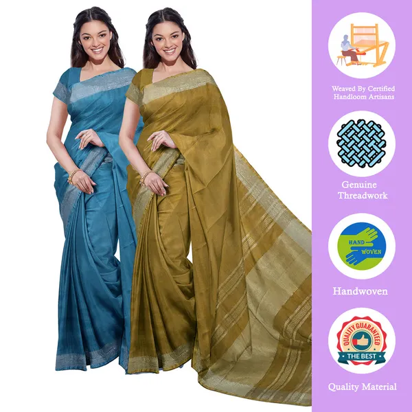 Cerulean_Blue_&_Olive_Green_women's_Bhagalpuri_Handloom_Cotton-Linen_Blend_Saree_Combo_(Pack_Of_2)_With_Running_Unstiched_Blouse_Piece
