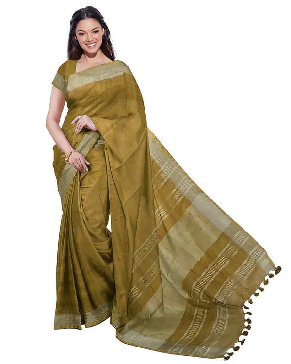 Cerulean_Blue_&_Olive_Green_women's_Bhagalpuri_Handloom_Cotton-Linen_Blend_Saree_Combo_(Pack_Of_2)_With_Running_Unstiched_Blouse_Piece