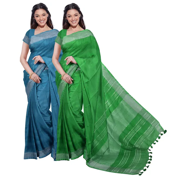 Cerulean_Blue_&_Pigment_Green_women's_Bhagalpuri_Handloom_Cotton-Linen_Blend_Saree_Combo_(Pack_Of_2)_With_Running_Unstiched_Blouse_Piece