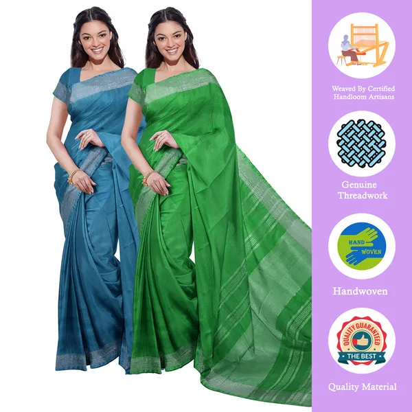 Cerulean_Blue_&_Pigment_Green_women's_Bhagalpuri_Handloom_Cotton-Linen_Blend_Saree_Combo_(Pack_Of_2)_With_Running_Unstiched_Blouse_Piece
