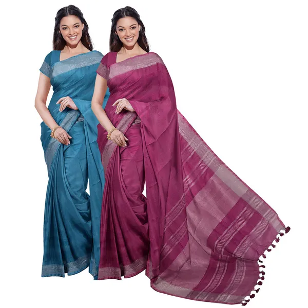 Cerulean_Blue_&_Raspberry_Pink_women's_Bhagalpuri_Handloom_Cotton-Linen_Blend_Saree_Combo_(Pack_Of_2)_With_Running_Unstiched_Blouse_Piece