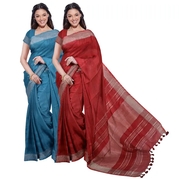 Cerulean_Blue_&_Red_women's_Bhagalpuri_Handloom_Cotton-Linen_Blend_Saree_Combo_(Pack_Of_2)_With_Running_Unstiched_Blouse_Piece