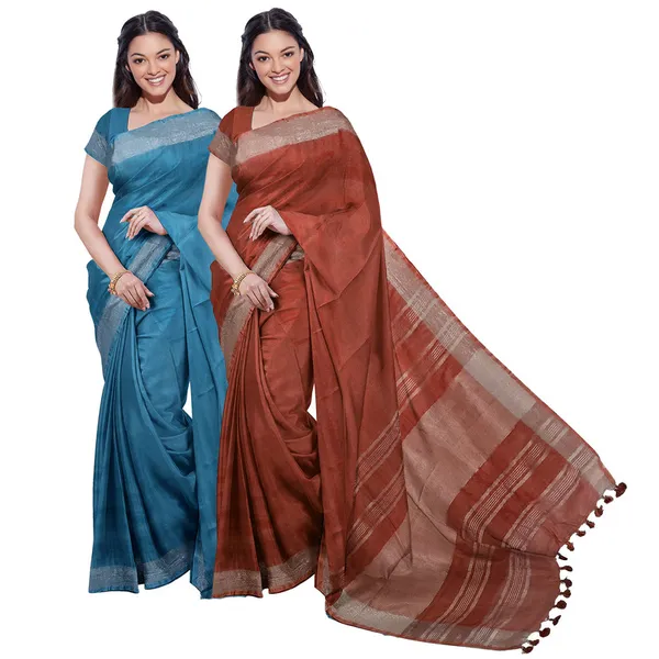 Cerulean_Blue_&_Sienna_Orange_women's_Bhagalpuri_Handloom_Cotton-Linen_Blend_Saree_Combo_(Pack_Of_2)_With_Running_Unstitched_Blouse_Piece