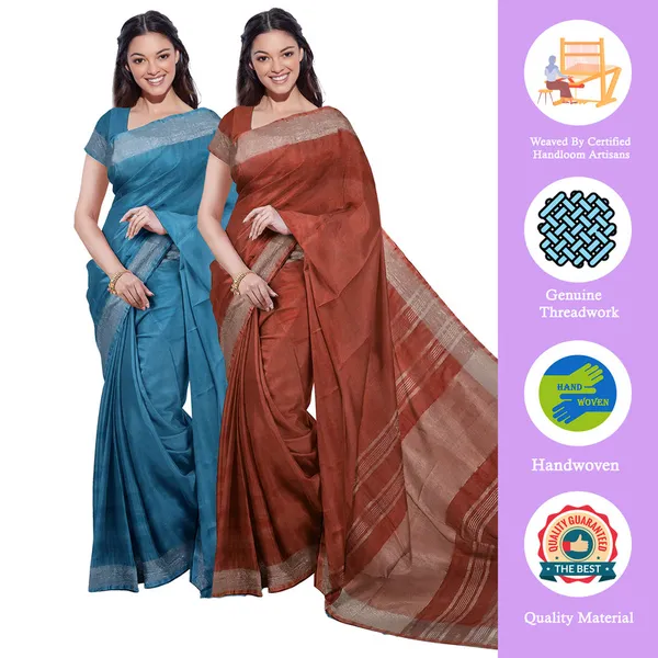 Cerulean_Blue_&_Sienna_Orange_women's_Bhagalpuri_Handloom_Cotton-Linen_Blend_Saree_Combo_(Pack_Of_2)_With_Running_Unstitched_Blouse_Piece