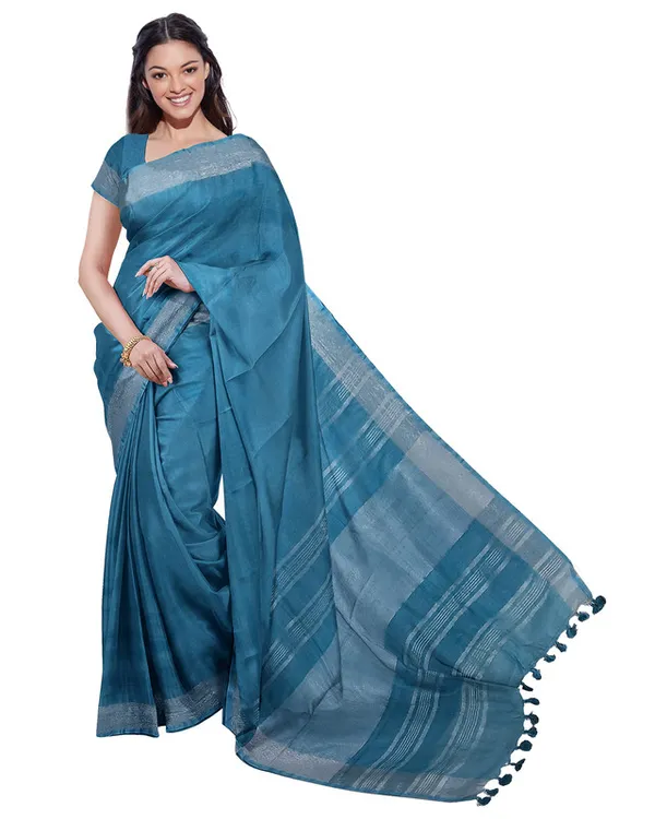 Cerulean_Blue_&_Yellow_women's_Bhagalpuri_Handloom_Cotton-Linen_Blend_Saree_Combo_(Pack_Of_2)_With_Running_Unstiched_Blouse_Piece