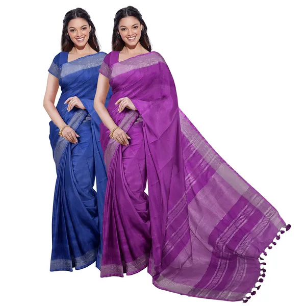 Cobalt_Blue_&_Electric_Purple_women's_Bhagalpuri_Handloom_Cotton-Linen_Blend_Saree_Combo_(Pack_Of_2)_With_Running_Unstiched_Blouse_Piece