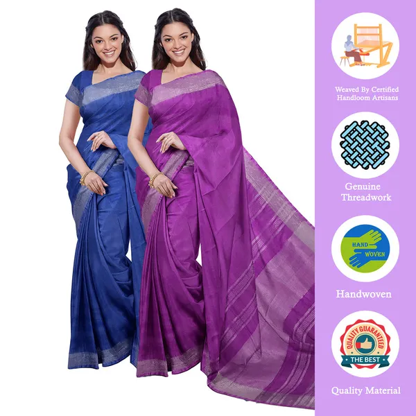 Cobalt_Blue_&_Electric_Purple_women's_Bhagalpuri_Handloom_Cotton-Linen_Blend_Saree_Combo_(Pack_Of_2)_With_Running_Unstiched_Blouse_Piece