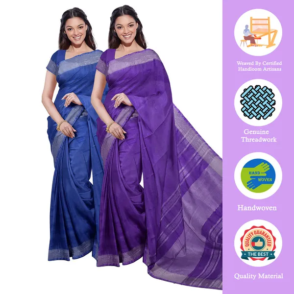 Cobalt_Blue_&_French_Violet_women's_Bhagalpuri_Handloom_Cotton-Linen_Blend_Saree_Combo_(Pack_Of_2)_With_Running_Unstiched_Blouse_Piece