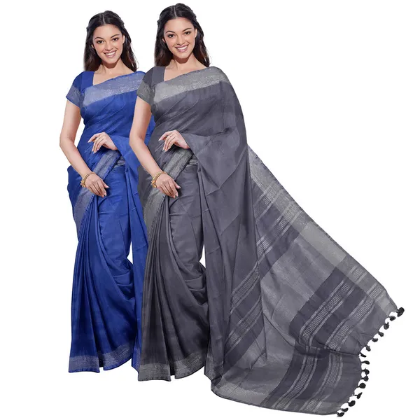 Cobalt_Blue_&_Grey_women's_Bhagalpuri_Handloom_Cotton-Linen_Blend_Saree_Combo_(Pack_Of_2)_With_Running_Unstiched_Blouse_Piece