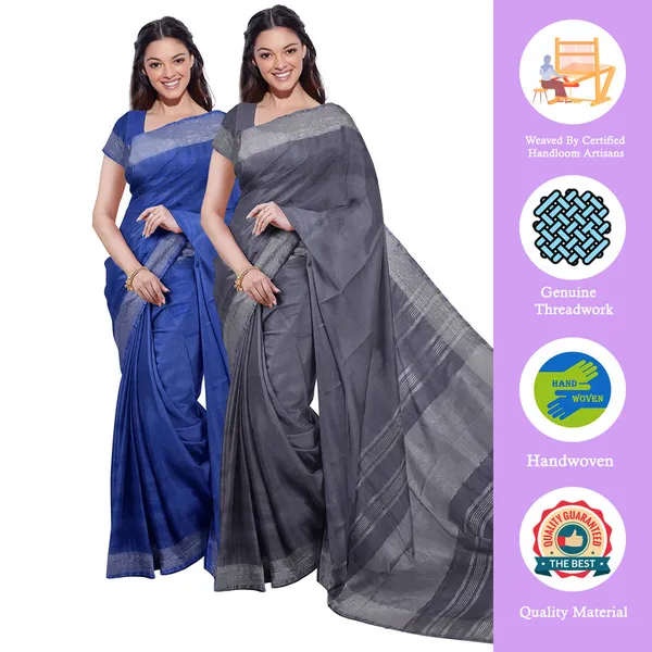 Cobalt_Blue_&_Grey_women's_Bhagalpuri_Handloom_Cotton-Linen_Blend_Saree_Combo_(Pack_Of_2)_With_Running_Unstiched_Blouse_Piece