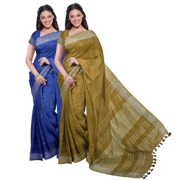 Cobalt_Blue_&_Olive_Green_women's_Bhagalpuri_Handloom_Cotton-Linen_Blend_Saree_Combo_(Pack_Of_2)_With_Running_Unstiched_Blouse_Piece