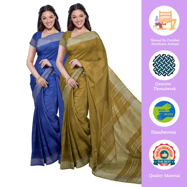 Cobalt_Blue_&_Olive_Green_women's_Bhagalpuri_Handloom_Cotton-Linen_Blend_Saree_Combo_(Pack_Of_2)_With_Running_Unstiched_Blouse_Piece