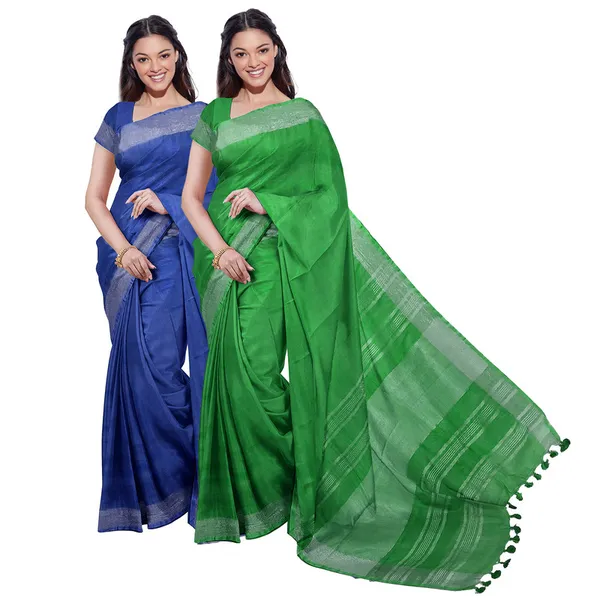 Cobalt_Blue_&_Pigment_Green_women's_Bhagalpuri_Handloom_Cotton-Linen_Blend_Saree_Combo_(Pack_Of_2)_With_Running_Unstiched_Blouse_Piece