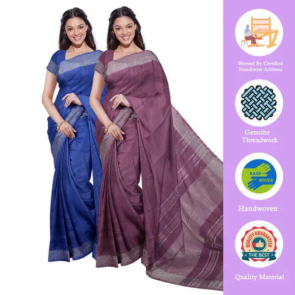 Cobalt_Blue_&_Quinacridone_Magenta_women's_Bhagalpuri_Handloom_Cotton-Linen_Blend_Saree_Combo_(Pack_Of_2)_With_Running_Unstiched_Blouse_Piece