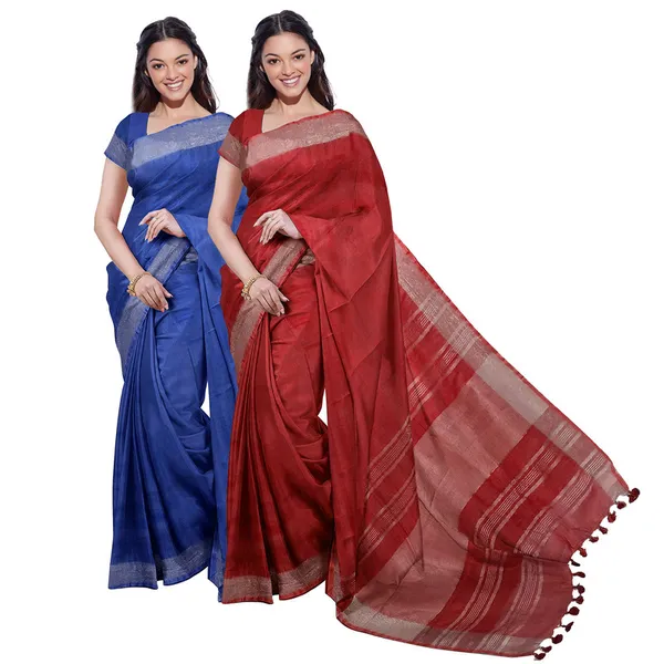 Bhagalpuri_Handloom_Cotton-Linen_Blend_Saree_Combo_(Pack_Of_2)_With_Running_Unstiched_Blouse_Piece