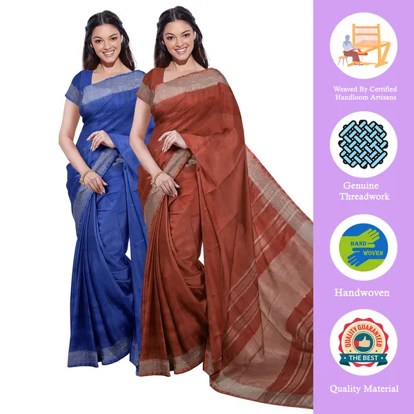 Cobalt_Blue_&_Sienna_Orange_women's_Bhagalpuri_Handloom_Cotton-Linen_Blend_Saree_Combo_(Pack_Of_2)_With_Running_Unstiched_Blouse_Piece