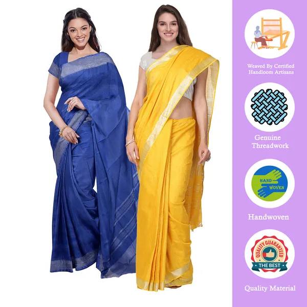Cobalt_Blue_&_Yellow_women's_Bhagalpuri_Handloom_Cotton-Linen_Blend_Saree_Combo_(Pack_Of_2)_With_Running_Unstiched_Blouse_Piece