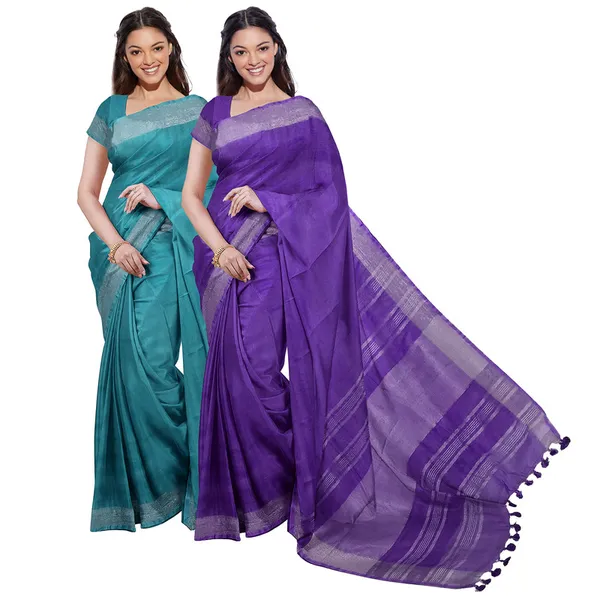 Cyan_&_French_Violet_women's_Bhagalpuri_Handloom_Cotton-Linen_Blend_Saree_Combo_(Pack_Of_2)_With_Running_Unstiched_Blouse_Piece
